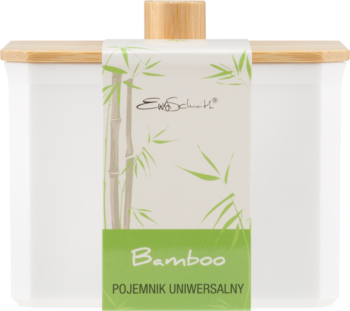 Biały, prostokątny organizer łazienkowy z bambusową pokrywką, zielona etykieta "Bamboo" z grafiką.