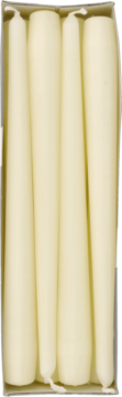 Four cream tapered dinner candles neatly packed in a light cardboard box, shown from a top-down view.