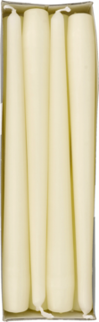 Four cream tapered dinner candles neatly packed in a light cardboard box, shown from a top-down view.