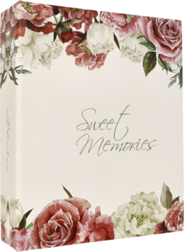 Elegancki album na zdjęcia w kremowym kolorze z bordowo-białymi kwiatami, napis Sweet Memories na froncie.