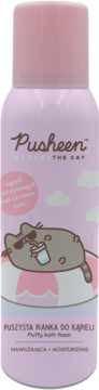 Różowa butelka Pusheen Fluffy bath foam z kotem Pusheen w okularach, przód, nawilżająca pianka.