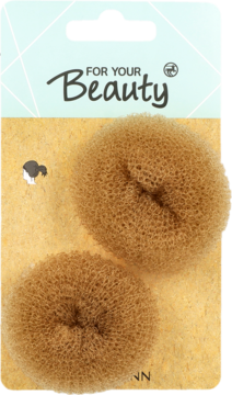 Dwa jasnobrązowe, porowate wypełniacze do koka mini na tekturowym opakowaniu, widok z przodu.