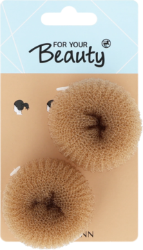 Dwa beżowe wypełniacze do koka mini, siateczkowe, okrągłe, w folii na kartoniku z napisem FOR YOUR Beauty.