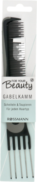 For Your Beauty GABELKAMM, czarny grzebień Rossmann z metalowymi zębami do rozdzielania i tapirowania włosów, widok z przodu.