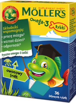 Żółto-niebieskie pudełko Möller's Omega-3 Rybki, suplementu dla dzieci. Widoczna kreskówkowa rybka i info o odporności.