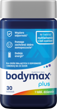 Bodymax Plus, suplement diety w granatowej butelce, etykieta niebiesko-biała, widok z przodu. Na odporność i energię.