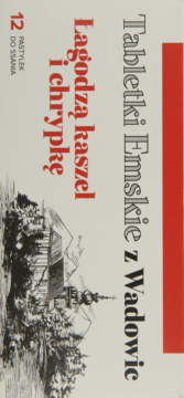 Białe pudełko Tabletki Emskie z Wadowic, łagodzące kaszel i chrypkę, z rysunkiem i czerwonym paskiem, przód.