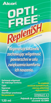 Alcon OPTI-FREE RepleniSH wielofunkcyjny płyn do soczewek, zielono-żółte pudełko, front opakowania.