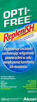 Zielone opakowanie OPTI-FREE RepleniSH 300ml, płyn do soczewek, regeneruje i nawilża, widok z przodu.
