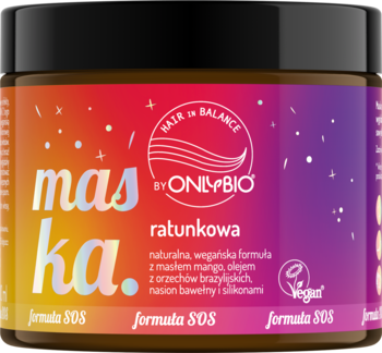 Maska ratunkowa Onlybio Hair in Balance, wygładzająca wegańska, brązowy słoik z gradientową etykietą, widok z przodu.