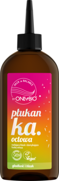 OnlyBio Płukanka Octowa Hair in Balance w brązowej butelce, widok z przodu, etykieta róż-pomarańcz-zielona.