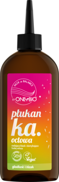 OnlyBio Płukanka Octowa Hair in Balance w brązowej butelce, widok z przodu, etykieta róż-pomarańcz-zielona.