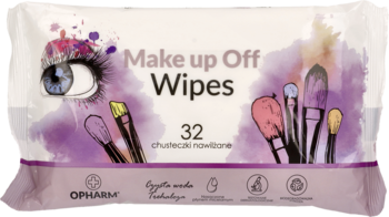 Biała paczka biodegradowalnych chusteczek Make up Off Wipes Opharm, 32 sztuki, z grafiką oka i pędzli, widok z przodu.
