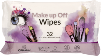 Biała paczka biodegradowalnych chusteczek Make up Off Wipes Opharm, 32 sztuki, z grafiką oka i pędzli, widok z przodu.