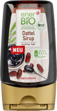 EnerBiO Dattel Sirup, syrop daktylowy Rossmann w czarnej butelce z recyklingu i złotym korkiem, widok z przodu.