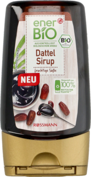 EnerBiO Dattel Sirup, syrop daktylowy Rossmann w czarnej butelce z recyklingu i złotym korkiem, widok z przodu.