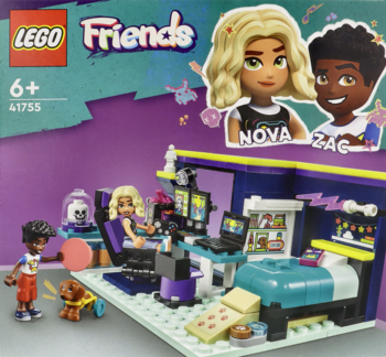 LEGO Friends 41755 sypialnia Novy: zestaw konstrukcyjny z figurkami Novy i Zaca, łóżkiem, biurkiem gamingowym. Widok pudełka.
