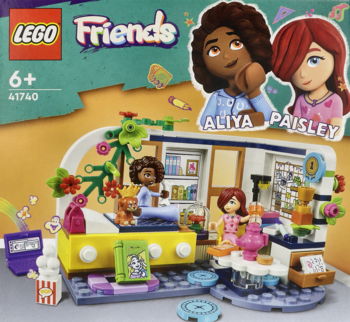 Pudełko LEGO Friends 41740 z Aliya i Paisley, przedstawiające sypialnię z biurkiem i łóżkiem, pełne detali.