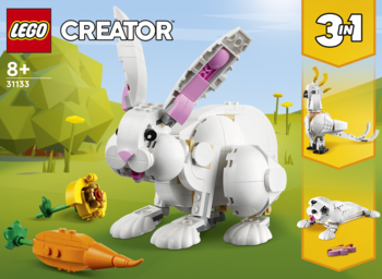 LEGO Creator 31133 Biały Królik 3w1, duży model zająca z marchewką, z tyłu kogut i foka.