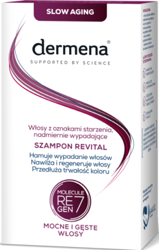 Białe pudełko szamponu Dermena Revital, Slow Aging, na wypadanie włosów, z fioletowym paskiem, widok z przodu.