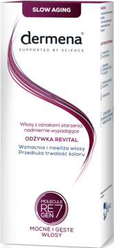 Dermena Slow Aging Odżywka Revital z Molekułą RE7 GEN, białe opakowanie na włosy wypadające, widok z przodu.