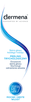 Dermena Peeling Trychologiczny, grafika. Białe tło, niebieskie pasma, tekst o oczyszczaniu skóry głowy i wzmacnianiu włosów.