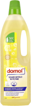 Żółta butelka Domol Szare mydło w płynie, klasyczny środek na bazie naturalnych mydeł, z 95% recyklingu.
