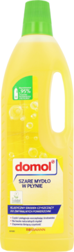 Domol Szare mydło w płynie 750ml do czyszczenia, żółta butelka 95% z recyklingu, zielona nakrętka, front.