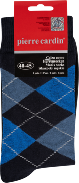 Męskie skarpety Pierre Cardin w granatowe i niebieskie romby, rozmiar 40-45, widok z przodu.