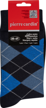 Męskie skarpety Pierre Cardin w granatowe i niebieskie romby, rozmiar 40-45, widok z przodu.