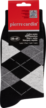 Męskie skarpetki Pierre Cardin, rozmiar 40-45, czarne z biało-szarym wzorem rombów, na czerwonej zawieszce.