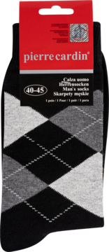 Męskie skarpetki Pierre Cardin, rozmiar 40-45, czarne z biało-szarym wzorem rombów, na czerwonej zawieszce.