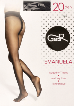 Modelka w czarnych, matowych rajstopach Gatta EMANUELA 20 den T-band. Widok nóg i opakowania produktu.