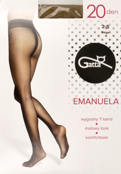 Czarne, matowe rajstopy Gatta Emanuela 20 den z T-bandem na modelce, widok z przodu opakowania.