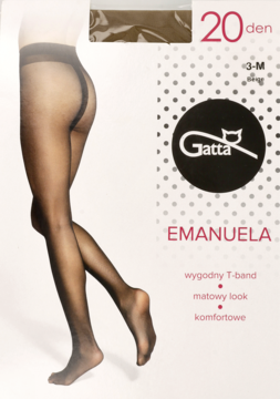 Czarne rajstopy Gatta Emanuela 20 den z T-bandem, matowe, na nodze modelki, obok opakowania produktu.