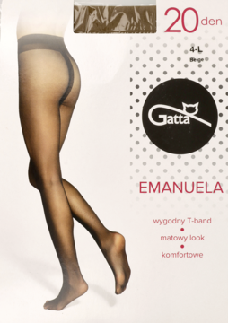 Damskie rajstopy Gatta Emanuel 20 den, czarne, matowe, T-band, noszone na modelu, z opakowaniem.