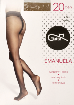 Opakowanie rajstop Gatta Emanuela 20 den, czarnych, matowych T-band, z modelem i logo Gatta, widok przód.