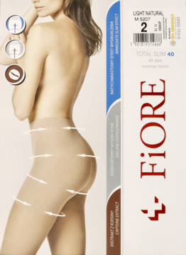 Pudełko rajstop Fiore Total Slim 40 den Light Natural, z efektem korygującym i wyszczuplającym, z kofeiną.