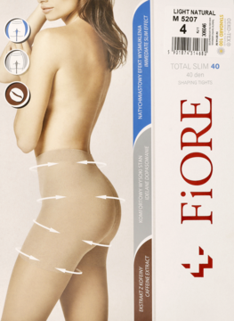 Fiore Total Slim 40 den, beżowe rajstopy wyszczuplające na opakowaniu, z modelem i strzałkami.