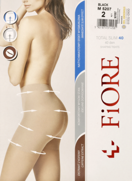 Opakowanie rajstop modelujących Fiore TOTAL SLIM 40 den, cielistych, z ilustracją kobiecej sylwetki i strzałkami.