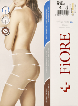 Front opakowania rajstop Fiore Total Slim 40 Den, beżowych, z modelką i strzałkami symbolizującymi wysmuklenie.