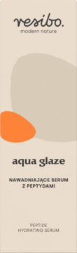 Resibo Aqua Glaze Peptide Hydrating Serum, beżowe pudełko z pomarańczowym i beżowym kształtem, widok z przodu.