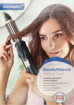 Kobieta używa czarnej szczotko-suszarki Ideenwelt z okrągłą głowicą do suszenia i stylizacji włosów.