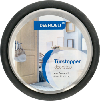 Okrągły stoper Ideenwelt ze stali szlachetnej (ok. 1kg), z czarnym silikonowym pierścieniem, widok z góry.