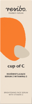 Resibo Cup of C serum z witaminą C w beżowym pudełku z abstrakcyjnym pomarańczowym wzorem, widok z przodu.