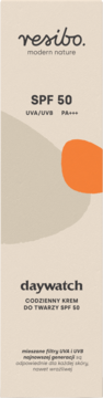 Resibo Daywatch krem do twarzy SPF 50 UVA/UVB, beżowa butelka z pomarańczowym kształtem.