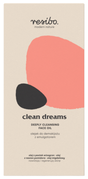 Opakowanie olejku Resibo Clean Dreams, beżowe z abstrakcyjnymi kształtami. Głęboko oczyszczający olejek do demakijażu z emulgatorem.
