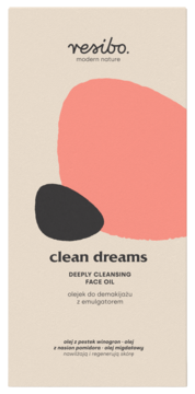 Opakowanie olejku Resibo Clean Dreams, beżowe z abstrakcyjnymi kształtami. Głęboko oczyszczający olejek do demakijażu z emulgatorem.