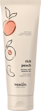 Beżowa tubka Resibo Rich Peach Natural Face Washing Gel z rysunkiem brzoskwiń, widok z przodu.