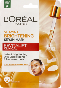 L'Oréal Paris Revitalift Clinical Vitamin C Serum-Mask, biała saszetka z pomarańczowo-złotym tłem, widok z przodu.